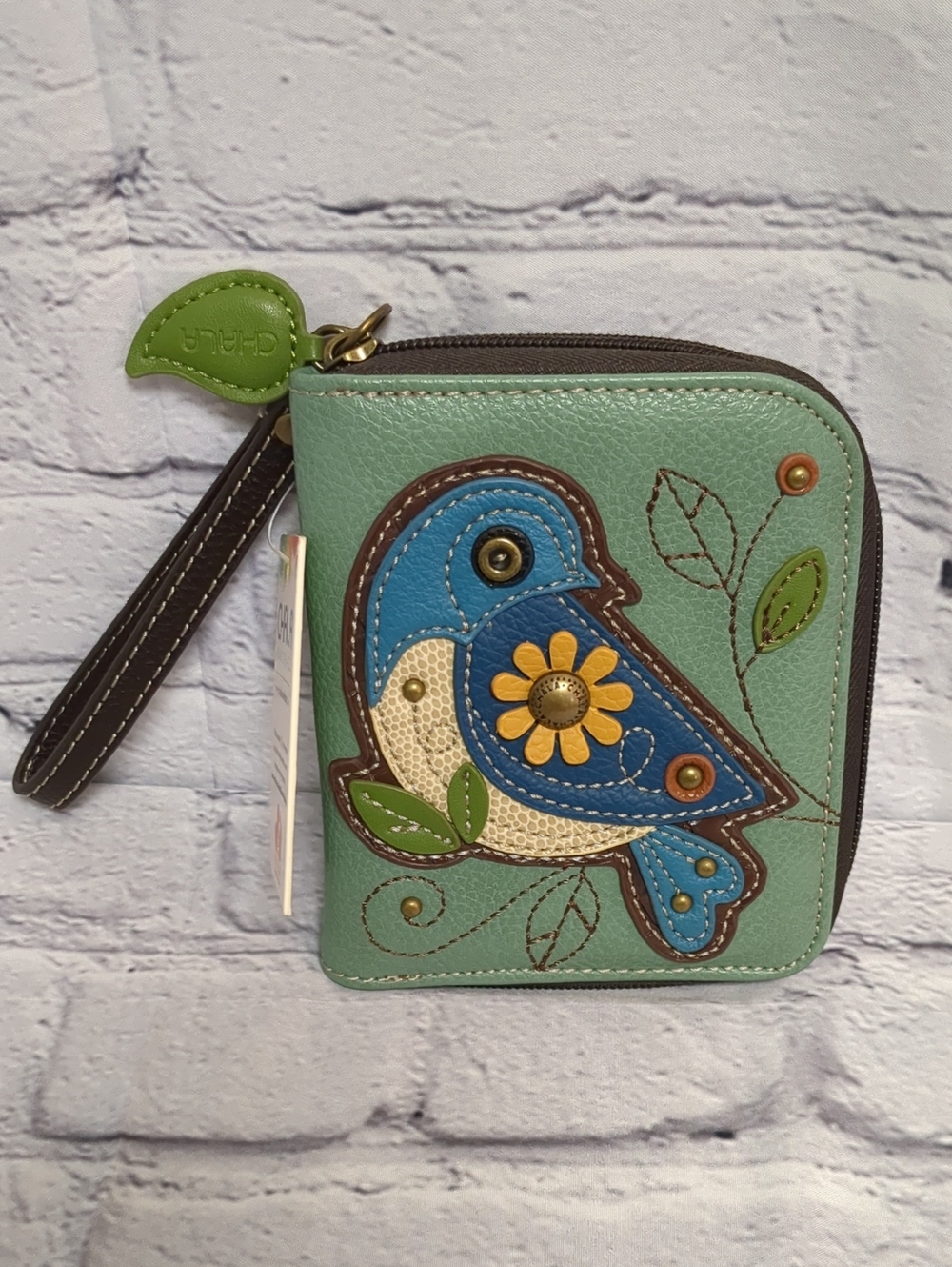 Chala Mint Green Bird Zip Wallet with Blue and Yellow Applique